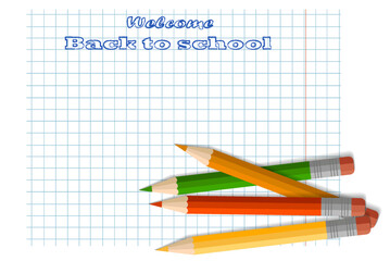 A simple pencil with an eraser, school supplies, stationery, a checkered notebook. The concept of schooling, back to school, first time to school