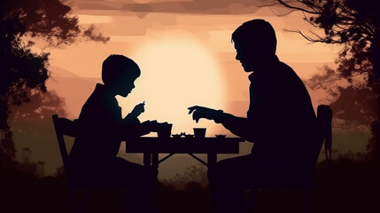 Naklejka na ściany i meble Silhouette of father and son playing cards Generative AI 