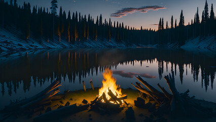 Fototapeta na wymiar Campfire burning by a lake. (Generative AI)