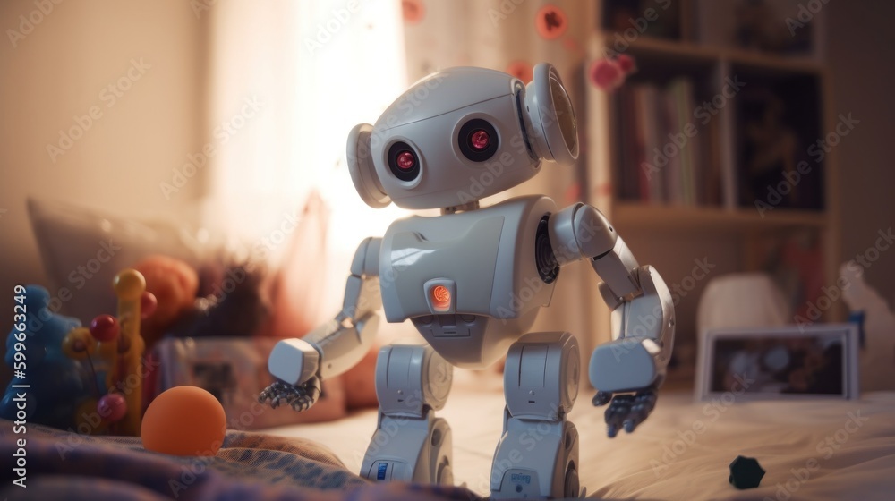 Poster a toy robot sitting on top of a bed. generative ai image.