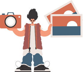 ﻿The individual holds a camera and photos in his hands. Compelled on white establishment. Trendy style, Vector Illustration