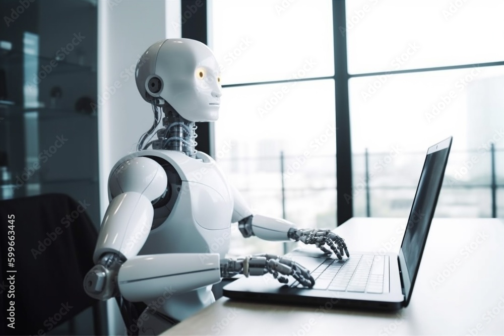 Poster office digital hand robot artificial laptop technology ai paper document. generative ai.