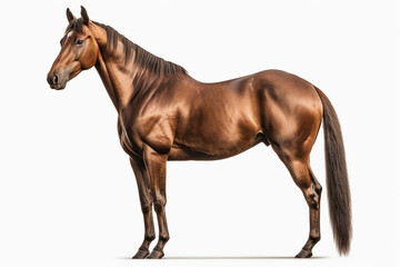 Fototapeta na wymiar Beautiful brown horse on white isolated background.Side view.Created with generative ai