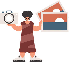 ﻿The well off woman holds a camera and photos in his hands. Pulled back on white establishment. Trendy style, Vector Illustration