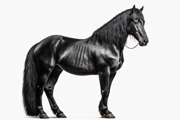 Fototapeta na wymiar Beautiful black horse on white isolated background.Side view.Created with generative ai