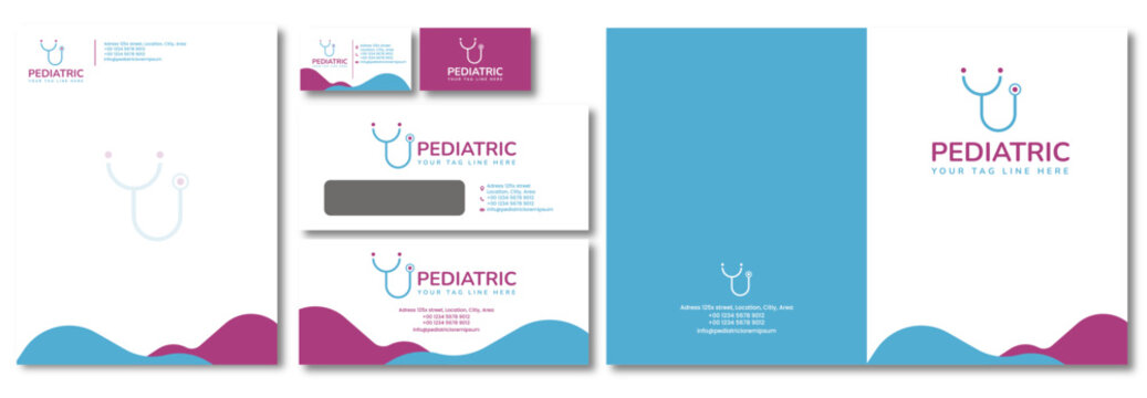 Identidad Visual Para Medico Pediatra Con Colores Pastel Azul Y Rosa, Alegre Y Divertido. Tarjeta De Visita, Sobre, Folder Y Hoja Membretada.