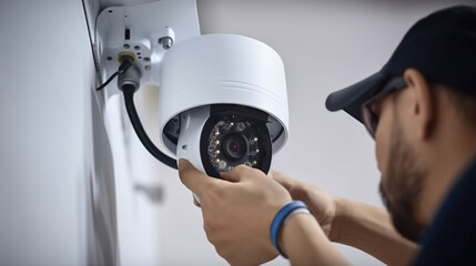 Technician installing CCTV camera for security, AI Generative - obrazy, fototapety, plakaty