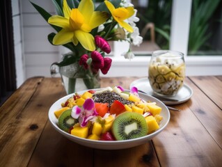 Fototapeta na wymiar A bowl of fruit sitting on a table next to a vase of flowers. Generative AI image.