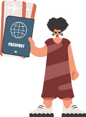 ﻿The energized lady holds a visa and trade for the preeminent passed on tickets in his hands. Kept on white foundation. Trendy style, Vector Illustration