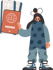The energized woman holds a visa and exchange for the preeminent passed on tickets in his hands. Kept on white establishment. Trendy style, Vector Illustration
