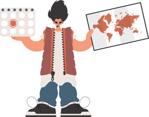 ﻿The individual holds a calendar and a chart of the world in his hands. Compelled on white establishment. Trendy style, Vector Illustration
