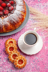 top view delicious strawberry cake with cookies and cup of tea on pink background cake bake sweet sugar biscuit cookie color pie