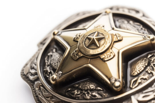 Old west sheriff badge close up on white background. Police in the old west of America. Generative AI