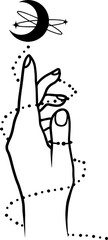 Line art woman hand with moon and stars, spiritual minimalistic art