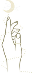 Line art woman hand with moon and stars, spiritual minimalistic art