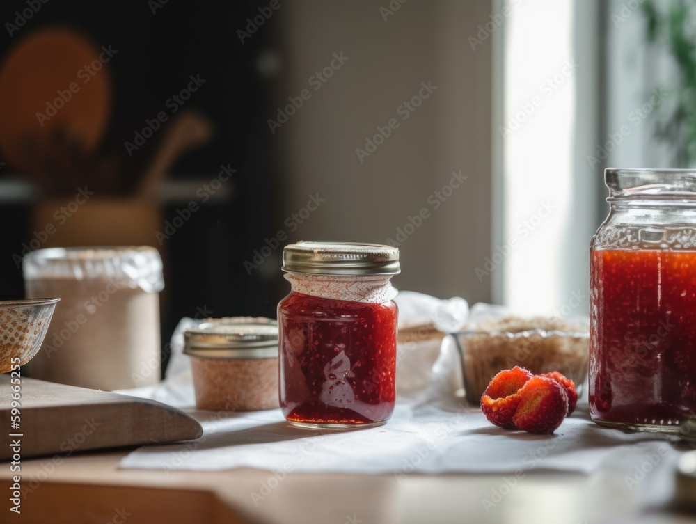 Aufkleber a table topped with jars of jam next to a bowl of strawberries. generative ai image.