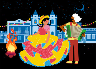 Festa Junina e Diversidade - Raça - Gênero - LGBTQIA - Vetor de casal caipira dançando em vila caipira com músicos na Festa de São João - Festa Junina  © NUBEFY