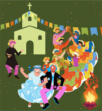 Festa Junina e Diversidade - Raça - Gênero - LGBTQIA - Vetor de casais caipiras dançando quadrilha na Festa de São João - Festa Junina - Dança de Quadrilha - Festa Caipira - Noivos
