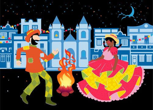 Festa Junina e Diversidade - Ra&ccedil;a - G&ecirc;nero - LGBTQIA - Vetor de casal caipira na fogueira da Festa de S&atilde;o Jo&atilde;o - Festa Junina	