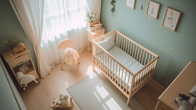 Interior of light cozy baby room with crib and bedding, top view. AI Generative