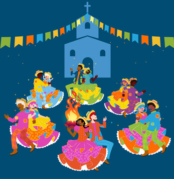 Vetor de casais caipiras dan&ccedil;ando quadrilha na Festa de S&atilde;o Jo&atilde;o - Festa Junina - Dan&ccedil;a de Quadrilha - Festa Caipira - Noivos	