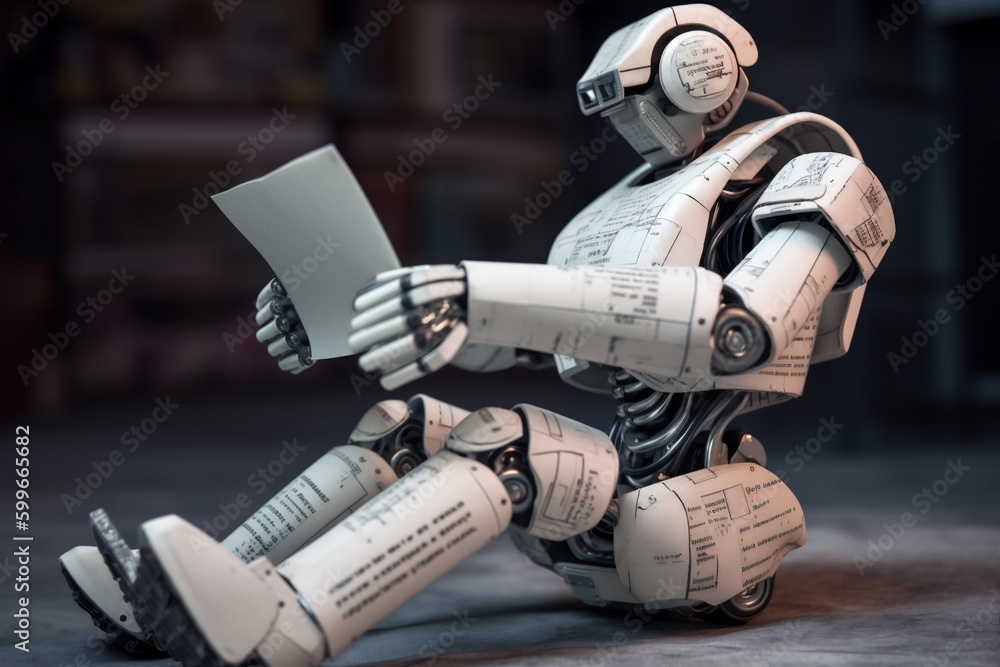 Poster ai paper office technology robot artificial hand laptop digital document. generative ai.