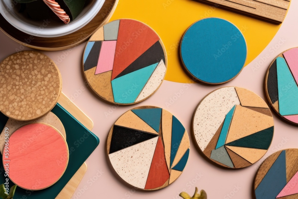 Poster a table topped with wooden coasters covered in colorful shapes. generative ai image.