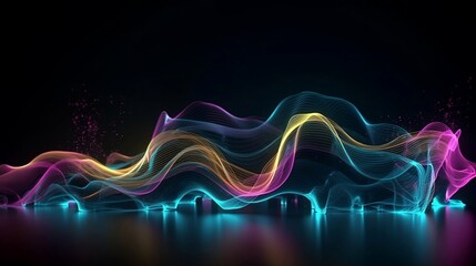  3d render. Abstract futuristic background with blurry glowing waves and neon lines. Shiny smoke. Glitter fluid. Ink water