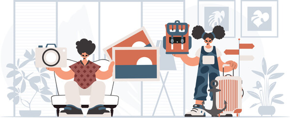 ﻿The individual and the overflowing woman are going on a trip. The concept of rest and travel. Trendy style, Vector Illustration