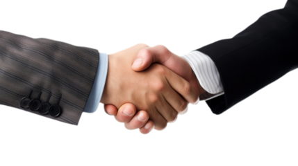 A handshake between two businessmen wearing suits isolated on a transparent background, Generative AI