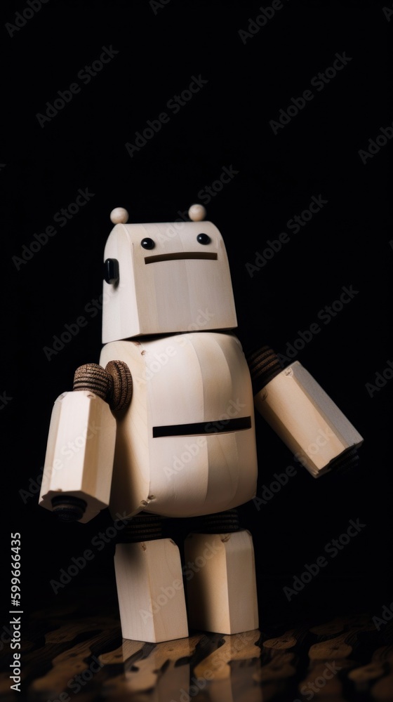 Poster a toy robot is standing on a table. generative ai image.