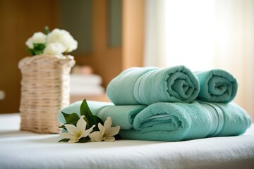 Shot of some towels on a bed in a spa