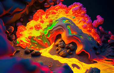 Fluorescent colored lava explosion created with Generative AI technology