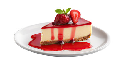 isolated slice of Cheesecake with Strawberry compote, Food-themed, photorealistic illustrations on a transparent background cutout in PNG. Generative AI
