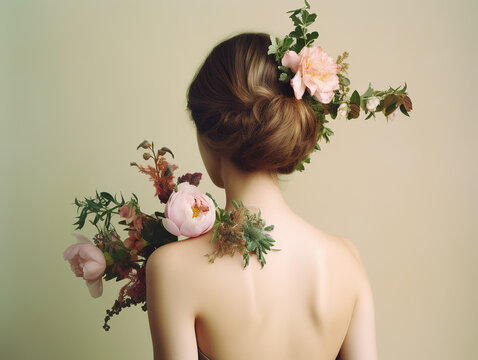 Young woman with flowers, rear view. AI generated image.