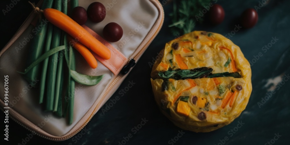 Poster a bag of vegetables and a quiche on a table. generative ai image.