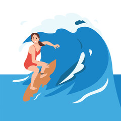Young surf girl riding ocean wave on board, summer surfing activity, sports recreation, sea leisure hobby. Excited smiling woman in bikini having outdoors fun and adventure. Flat vector illustration
