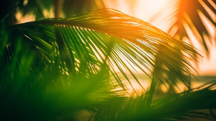 Blur beautiful nature green palm leaf on tropical beach, summer concept, generative ai