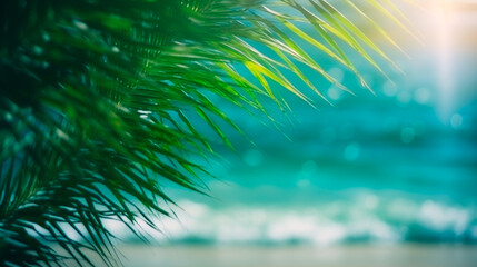 Fototapeta na wymiar Blur beautiful nature green palm leaf on tropical beach, summer concept, generative ai