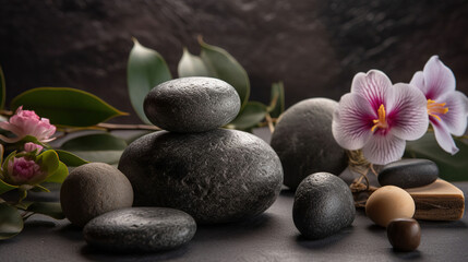 Composition with symbolic objects for spa salon. Stone therapy attributes for cosmetic procedures. Conceptual image, rocks and flowers representing balance. Close up, AI Generative