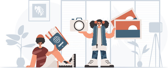 The person and the flooding lady are going on a trip. The concept of rest and travel. Trendy style, Vector Illustration