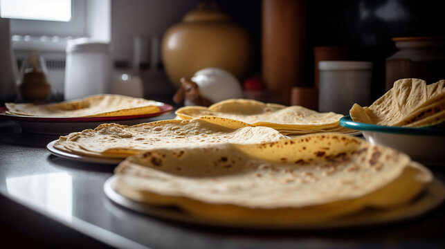 Delicious tortillas on kitchen table, top view, AI Generative