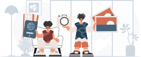 ﻿The person and the flooding lady are going on a trip. The concept of rest and travel. Trendy style, Vector Illustration