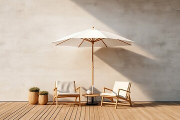 Chair, Table, and Umbrella in Front of White Wall. Generative ai