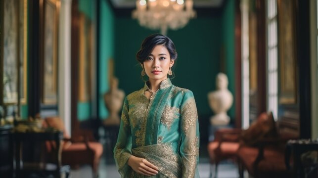 portrait of Indonesian women wearing kebaya and posing in Jakarta State Palace, Generative AI