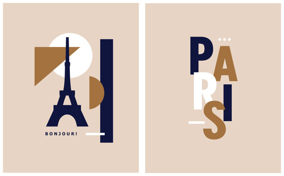 Bonjour. Simple Abstract Vector Illustration with Gold, White and Dark Royal Blue "Paris" and Eiffel Tower Symbol on a Dusty Beige Background. Modern Cityscape of Paris ideal for Poster, Wall Art.
