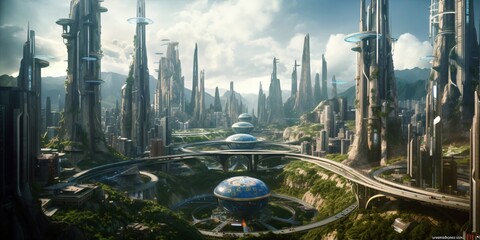 futuristic high-tech city with advanced infrastructure, science fiction cityscape, fictional landscape created with generative ai