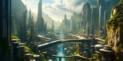 futuristic high-tech city with advanced infrastructure, science fiction cityscape, fictional landscape created with generative ai
