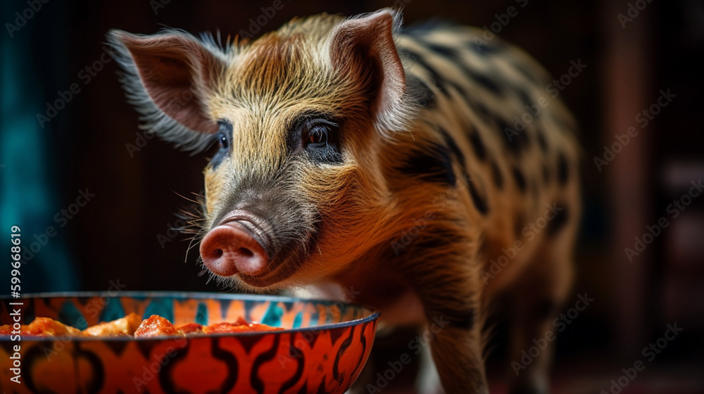 Wall mural Pig happy with a bowl of food Generative AI 