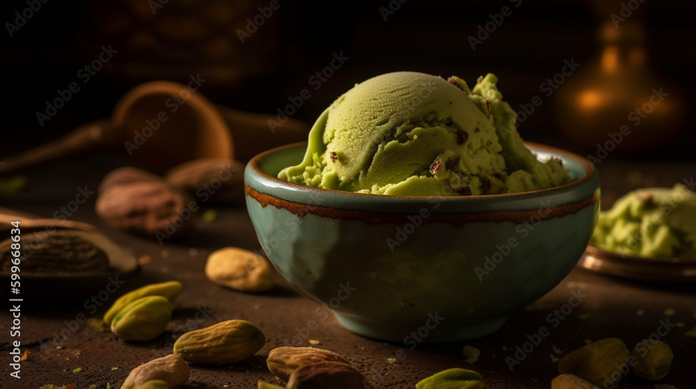 Sticker Pistachio ice cream with green pistachio nuts Generative AI 